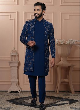 Embroidered Work Fancy Fabric Indo Western in Navy Blue for Party