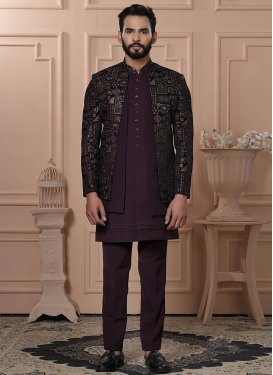 Embroidered Work Fancy Fabric Indo Western in Wine for Men