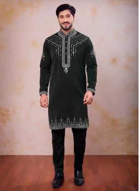 Embroidered Work Fancy Fabric Kurta Pajama in Bottle Green for Festival