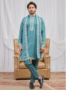 Embroidered Work Fancy Fabric Kurta Pajama With Jacket in Aqua Blue for Festival