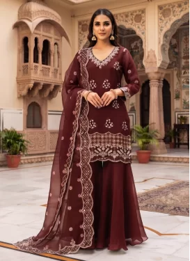 Embroidered Work Fancy Fabric Palazzo Suit in Maroon for Festival