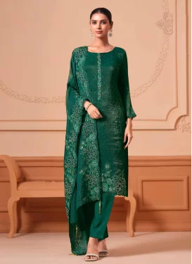 Embroidered Work Fancy Fabric Straight Suit in Green for Festival