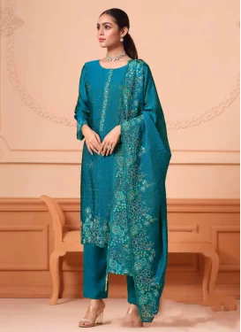 Embroidered Work Fancy Fabric Straight Suit in Teal for Women