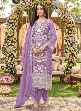 Embroidered Work Fancy Fabric Straight Suit in Violet for Festival