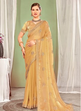 Embroidered Work Fancy Fabric Traditional Saree in Gold for Women