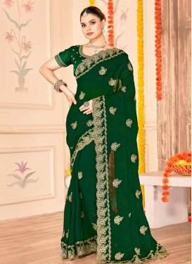 Embroidered Work Fancy Fabric Traditional Saree in Green for Ceremonial