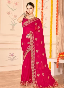 Embroidered Work Fancy Fabric Traditional Saree in Rose Pink for Party