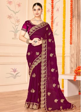 Embroidered Work Fancy Fabric Trendy Saree in Wine for Festival