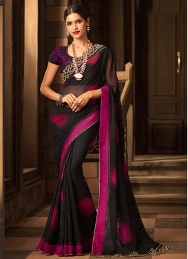 Embroidered Work Faux Georgette Black and Magenta Classic Saree