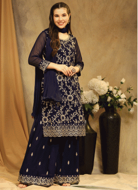Embroidered Work Faux Georgette Palazzo Straight Salwar Suit