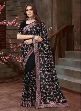 Embroidered Work Faux Georgette Trendy Classic Saree For Festival
