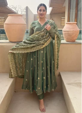 Embroidered Work Fendi Silk Anarkali Suit in Green for Festival