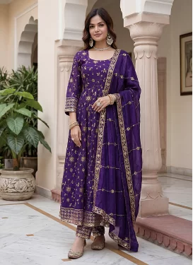 Embroidered Work Fendi Silk Anarkali Suit in Purple for Festival