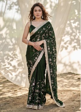Embroidered Work Fendi Silk Classic Saree in Bottle Green for Women