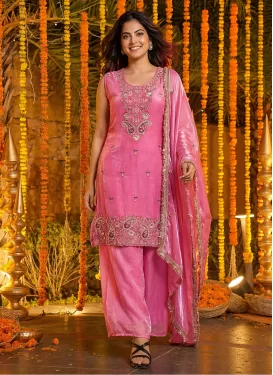 Embroidered Work Fendi Silk Palazzo Suit in Pink for Festival