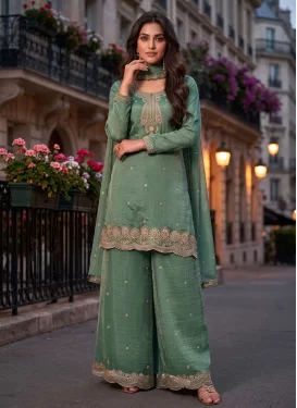 Embroidered Work Fendi Silk Palazzo Suit in Sea Green for Festival