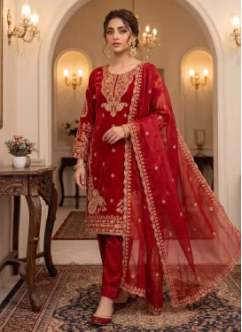 Embroidered Work Fendi Silk Readymade Salwar Suit in Red for Women