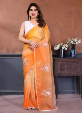 Embroidered Work Fendi Silk Traditional Saree in Cream and Orange for Women