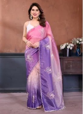 Embroidered Work Fendi Silk Traditional Saree in Pink and Violet for Women
