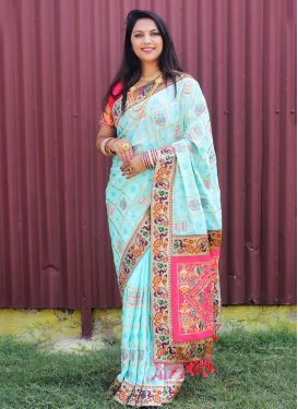 Embroidered Work Firozi and Hot Pink Designer Contemporary Style Saree