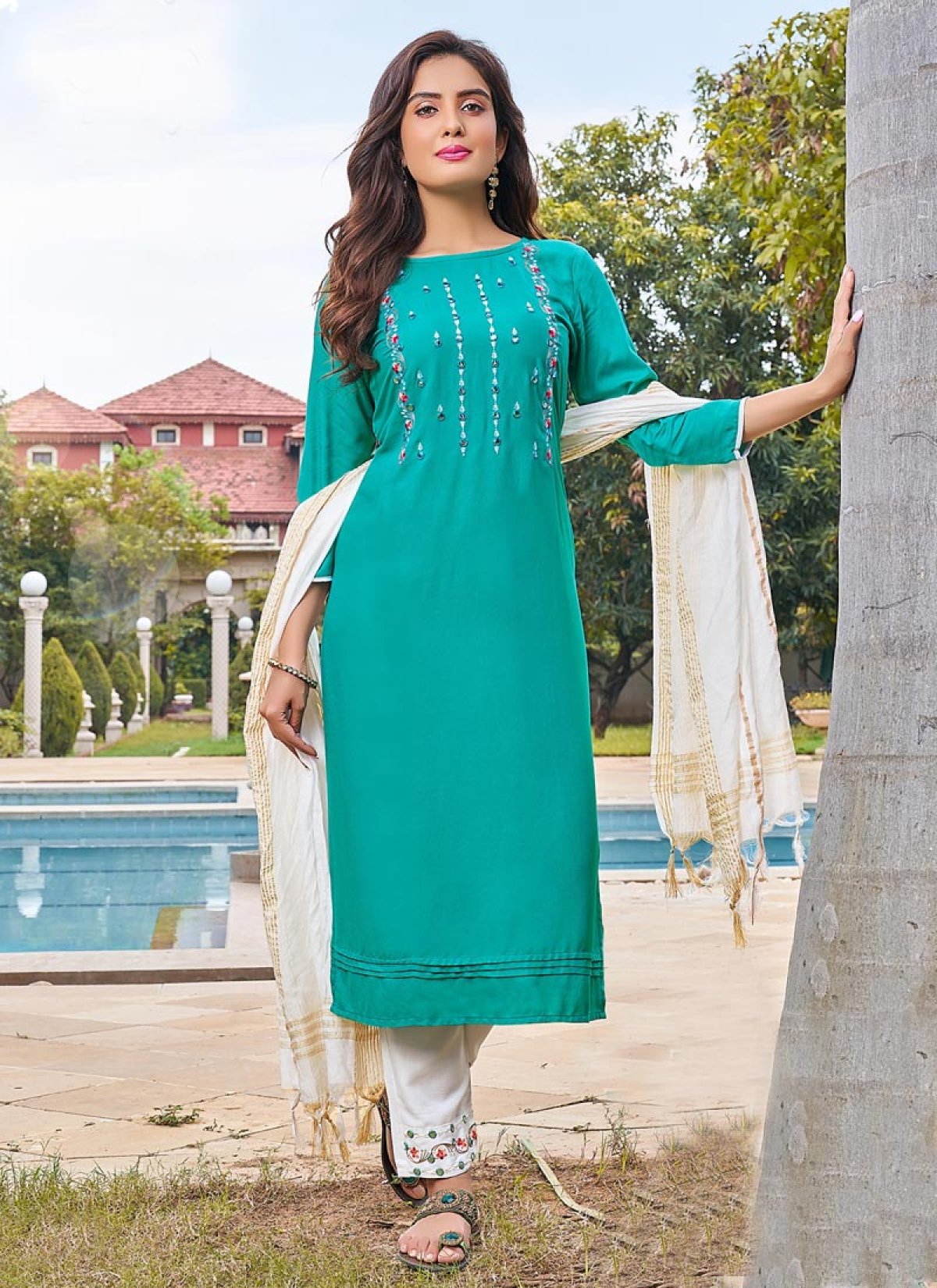 Buy Embroidered Work Firozi and Multi Colour Reyon Readymade Designer Salwar Suit Online