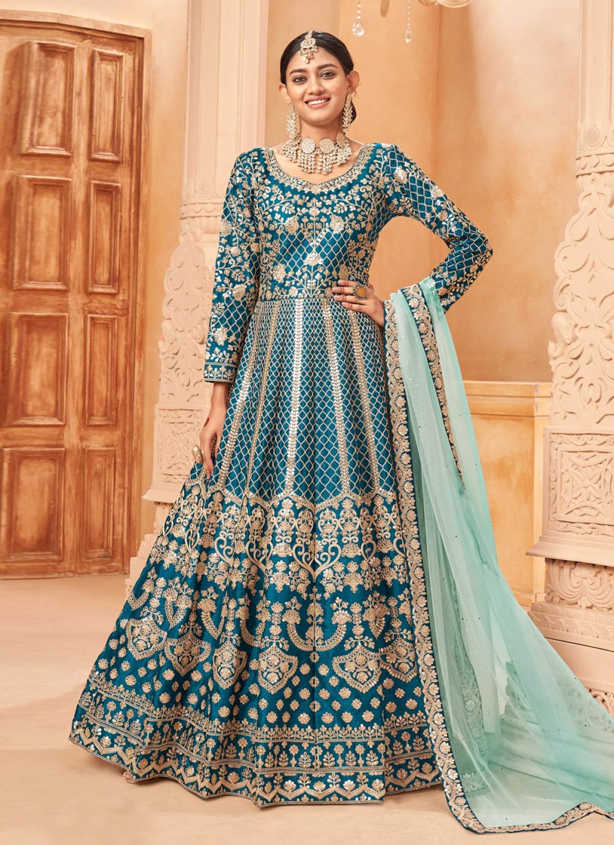 Buy Embroidered Work Floor Length Anarkali Salwar Suit Online