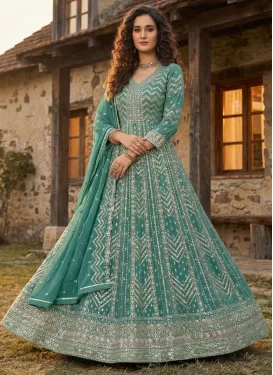 Embroidered Work Georgette Anarkali Suit in Aqua Blue for Women