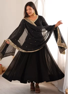Embroidered Work Georgette Anarkali Suit in Black for Festival