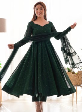 Embroidered Work Georgette Anarkali Suit in Bottle Green for Festival