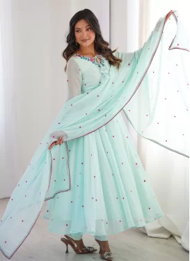 Embroidered Work Georgette Anarkali Suit in Firozi for Ceremonial