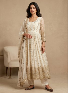 Embroidered Work Georgette Anarkali Suit in Off White for Women