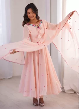 Embroidered Work Georgette Anarkali Suit in Salmon for Women