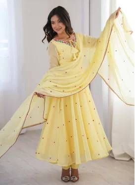 Embroidered Work Georgette Anarkali Suit in Yellow for Women