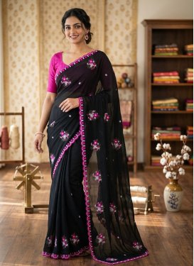 Embroidered Work Georgette Classic Saree in Black for Women