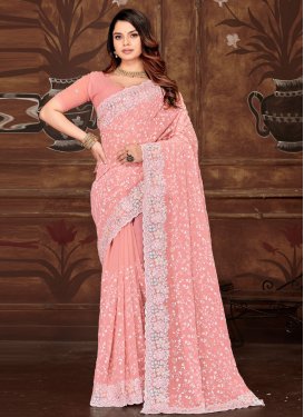 Embroidered Work Georgette Classic Saree in Salmon for Women