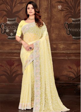 Embroidered Work Georgette Classic Saree in Yellow for Women