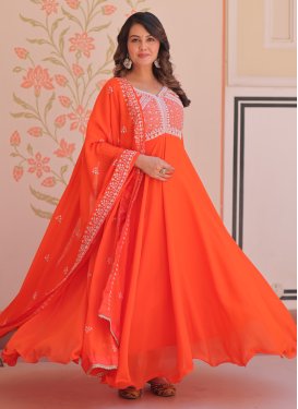 Embroidered Work Georgette Designer Gown in Orange for Women