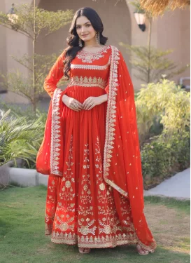 Embroidered Work Georgette Designer Gown in Orange for Women