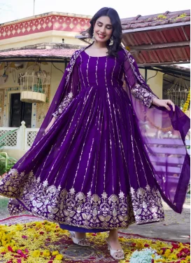Embroidered Work Georgette Designer Gown in Purple for Women