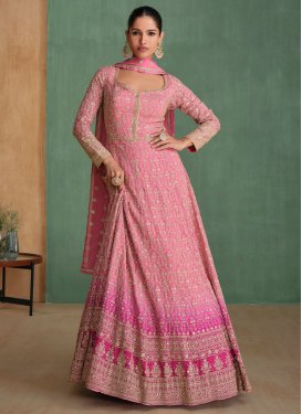 Embroidered Work Georgette Designer Gown in Rose Pink and Salmon for Festival