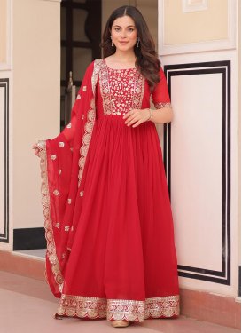 Embroidered Work Georgette Designer Gown in Tomato for Festival