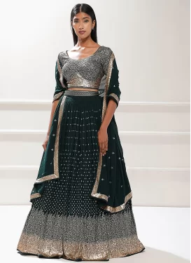 Embroidered Work Georgette Designer Lehenga Choli in Bottle Green for Festival