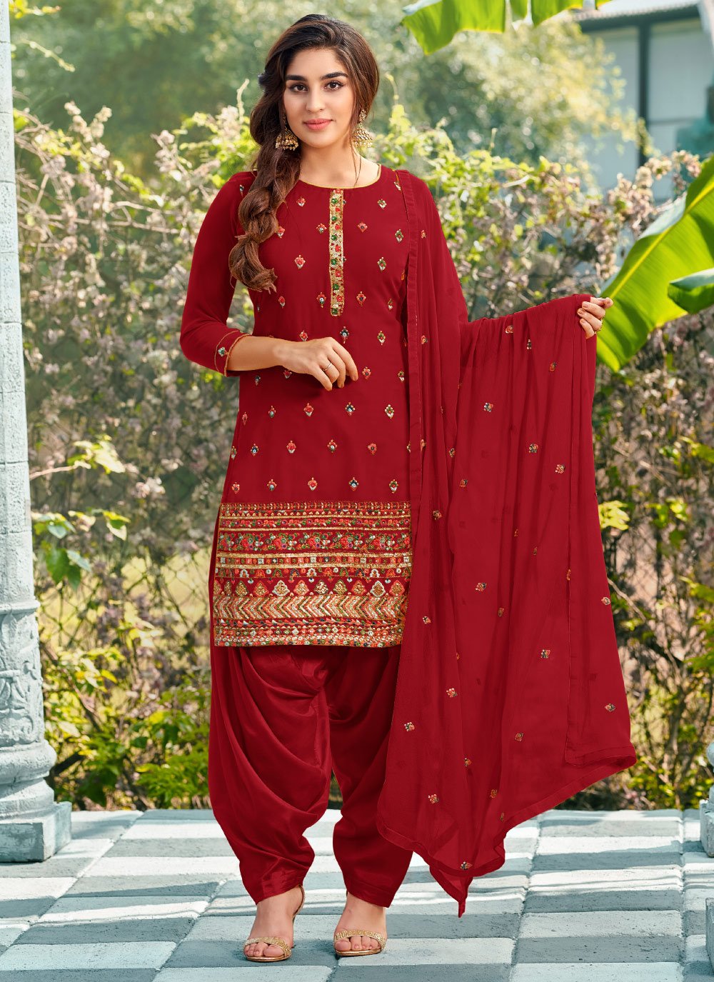 Fuchsia and Green Designer Patiala Salwar Suit with Embroidered Patch  Border | Exotic India Art