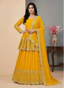 Embroidered Work Georgette Kameez Style Lehenga Choli in Mustard for Women