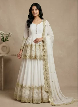 Embroidered Work Georgette Kameez Style Lehenga Choli in Off White for Women