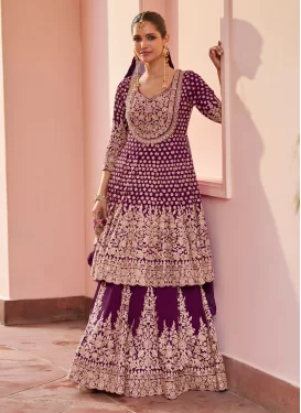 Embroidered Work Georgette Kameez Style Lehenga Choli in Purple for Women
