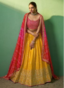 Embroidered Work Georgette Mustard and Rose Pink A Line Lehenga Choli
