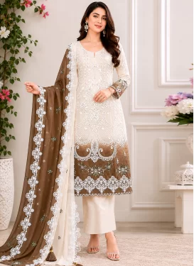 Embroidered Work Georgette Pakistani Suit in Gold and Off White for Women
