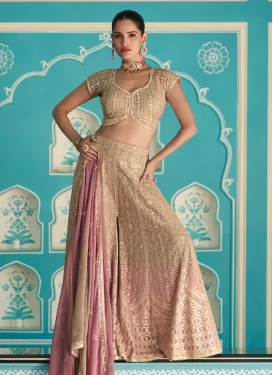Embroidered Work Georgette Palazzo Suit in Beige and Pink for Women