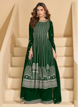 Embroidered Work Georgette Palazzo Suit in Bottle Green for Women
